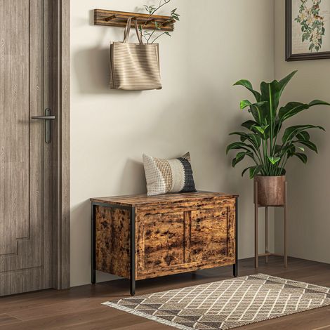 Coffre de rangement en bois de style industriel, 95 L, avec couvercle et charnière de sécurité. Dimensions : 80 x 40 x 49 cm. Couleur : marron.