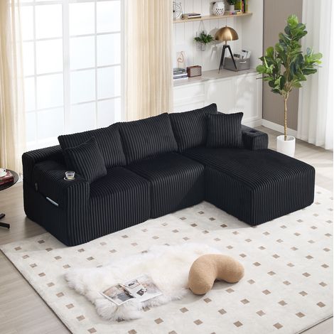 Divano modulare con chaise longue e 2 posti in velluto a coste nero DESVIAE (1/5)