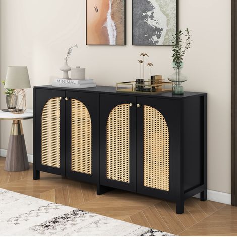 Sideboard Schwarz aus MDF mit 4 Türen in Rattanoptik und verstellbarem Einlegeboden (1/5)
