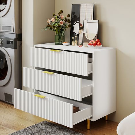 REDOM Cómoda 80x40x72 cm con 3 cajones, mueble de almacenaje multifunción, MDF blanco con tiradores y patas de metal dorado (1/5)