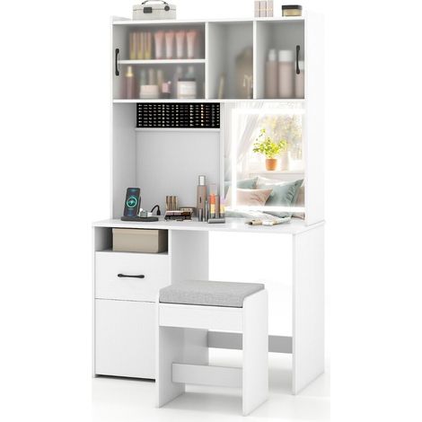 Coiffeuse blanche avec miroir LED, 3 modes d éclairage, luminosité réglable et prises USB, rangements pour chambre et dressing (1/5)