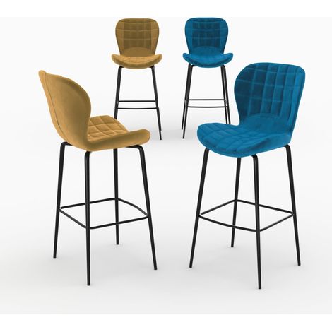 Pack 4 chaises de bar en velours jaune et bleu 75 cm - Mazzia