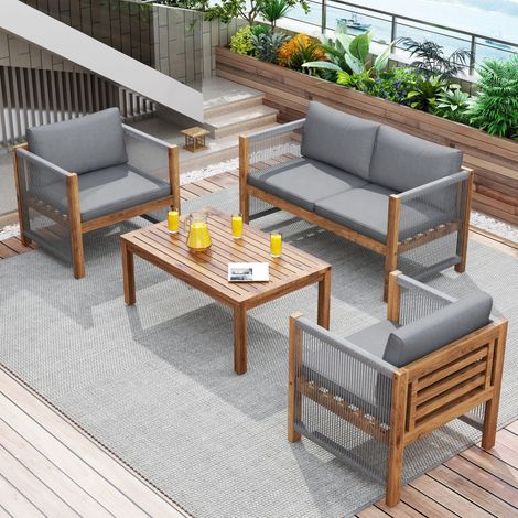 Salon de Jardin 4 Places en Polyester avec Canapé, Table, 2 Fauteils et Coussins Confortables, Gris
