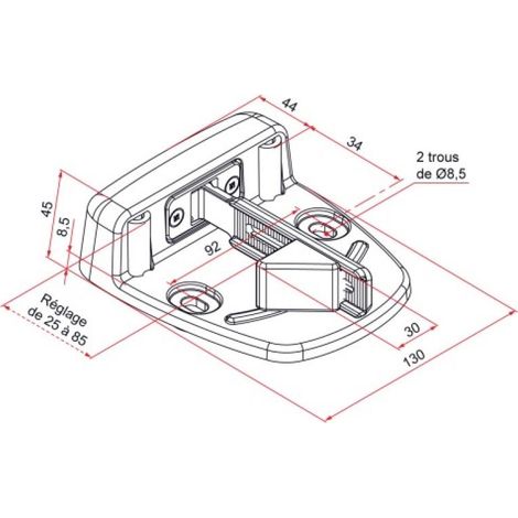 Tirard – Sabot large aluminium automatique avec 2 cales noires RAL 9005 – Butée 30 mm – Semelle 45 mm – Fixation à vis ou colle