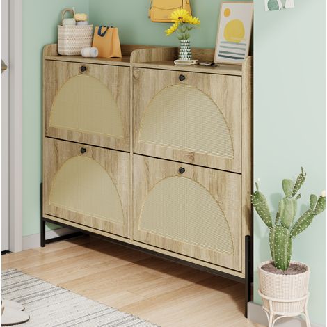Schuhschrank 121x25x91,5 cm Naturfarben aus Spanplatte mit abgerundeten Kanten, PE-Rattan-Türen und Belüftung (1/5)