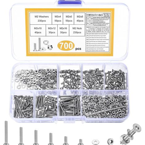 700 Pcs M2 Vis Boulons et Écrous et Rondelles Set, Vis à Tête Fraisée à Six Pans Creux, Boulons Visser à Creuse Hexagonale, Visser à Tête Plate en Acier Inoxydable Assortiment Kit (1/5)
