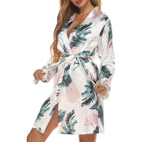 Peignoir court pour femme, manches longues, imprimé, col en V, respirant, avec ceinture, blanc, taille S. (1/5)