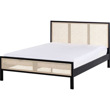 Letto matrimoniale moderno 140 x 200 cm a doghe con testiera a treccia viennese in legno di pino nero Salernas