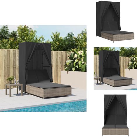 Doppel-Sonnenliege mit Dach und Vorhängen Grau Poly Rattan - Doppelsonneliege - Gartenliege - Sonnenschirm - Outdoor Liege - Relaxsessel (1/5)