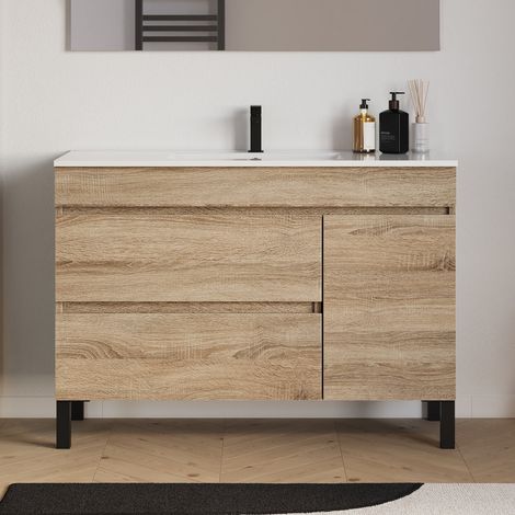 Meuble de salle de bain 120cm simple vasque sur pieds avec porte et tiroirs - sans miroir - cambrian (chêne clair) - LAZARO (1/5)