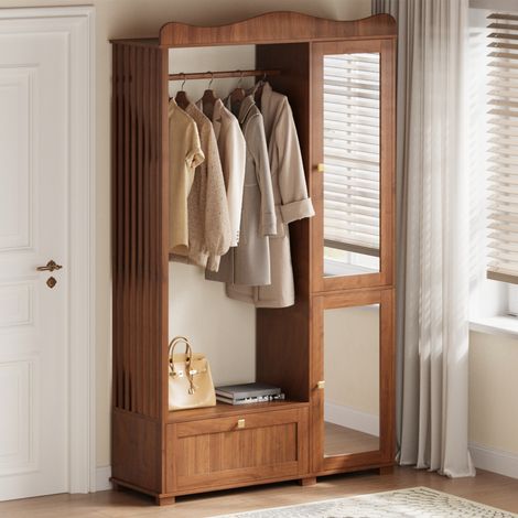 Armoire d'entrée noyer avec miroir – porte-manteaux ouvert, tiroir + 2 portes, pour chambre et couloir (1/5)