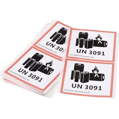 Lot de 150 autocollants d'avertissement batterie UN3091 avec texte noir, 11,9 x 10,9 cm (4,68 4,29