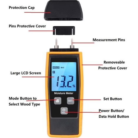 Feuchtigkeitsmessgerät, Wand- und Holzfeuchtemessgerät, Lecksuchgerät, Hygrometer, Zementmörtel-Feuchtemessgerät, Wassergehaltsmessgerät mit LCD-Hintergrundbeleuchtung (gelb)