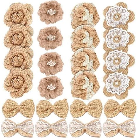 24 Pièces Fleurs en Toile de Jute, Jute Fleur, Ensemble de Fleurs en Toile de Jute, Fleurs de Toile de Jute Vintage, 6 Modèles, (1/4)