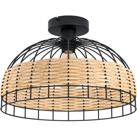 Lámpara de techo Eglo Anwick Forma Cónica Ø 38 cm. Lámpara de techo Salón, comedor y dormitorio. Estilo rústico. Acero y Ratán. Color negro y natural
