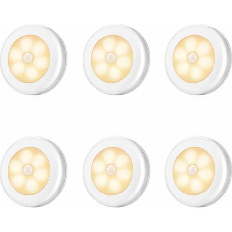 Lot de 6 lampes LED à détecteur de mouvement, veilleuses LED, idéales pour les escaliers, les placards, les armoires, faciles à installer, fonctionnent sur piles (non incluses) (lumière blanc chaud) (1/5)