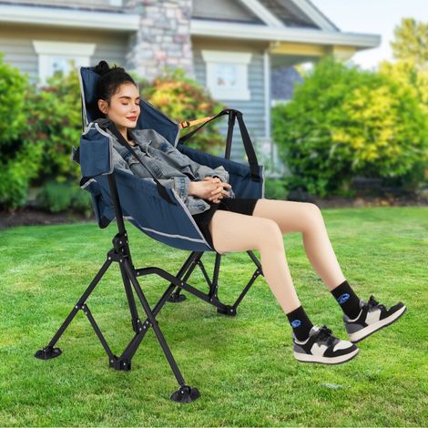 Chaise Hamac de Camping Surdimensionnée Chaise Balançoire Pliable avec Porte-Gobelet Siège Large Rembourré 150KG Bleu (1/2)