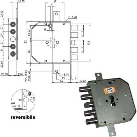 Serratura di Sicurezza Triplice con Cilindro E63 Res654/270 Moia per Porta Blindata