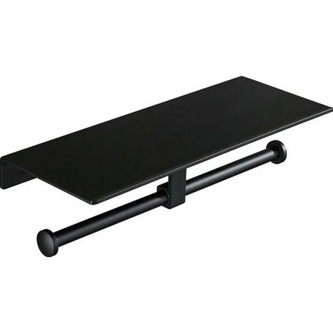 royaluxe - Porte Rouleau de Papier Toilette Hygiénique Sans Perage avec Etagère de Téléphone Portable Support Mural Double pour Salle de Bains (Noir) (1/3)