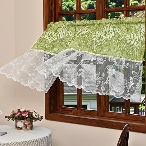CCYKXAVoilage Petite Fenetre, Petit Voilage Blanc et Vert Cuisine, Rideau Semi Transparent,Rideaux Courts Cuisine Sheer,Petit Rideau pour Placard,50x140 cm (1/5)