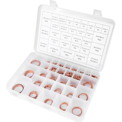 Set mit 568 flachen Kupferscheiben in 30 verschiedenen Größen, inklusive Kunststoffbox. (1/5)