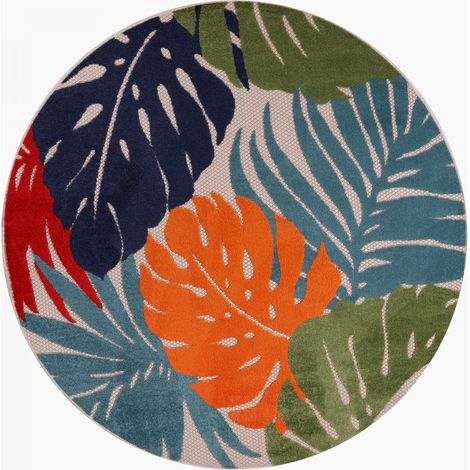 Tapis extérieur kilim Ø200cm bleu et rouge rond CHIMEKI