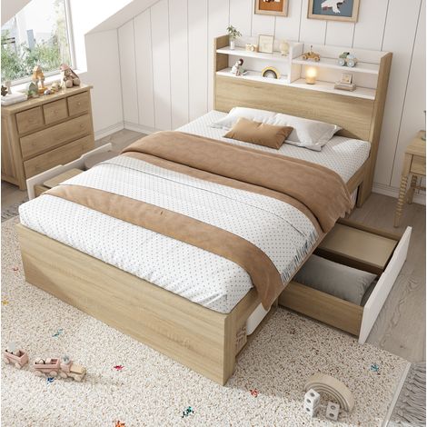 Letto singolo 90x200 cm in legno bianco/equisto con testiera con ripiani, cassetti e materasso incluso