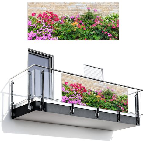 Balcony Privacy Banner Flowers - Plants - Leaves - Stones 300x120 cm