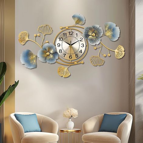 Horloge Murale Or Grande Métal, Ginkgo Biloba Décoration Silencieuse Pendule Murale Moderne Nordic, Design Créative pour Salon Chambre Bar 83x48cm (1/5)