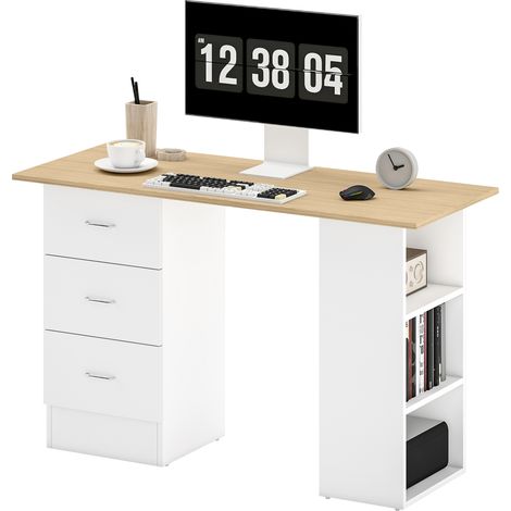 Computer Desk, Writing Table, PC Workstation with 3 Storage Shelves Drawers, Silver Handle, for Home Office, Natural Wood Finish White (1/5)