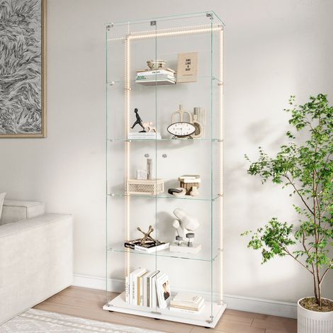 FOERPL-Vetrinetta in vetro con 5 ripiani a 2 ante, vetrinetta a colonna in vetro con LED e serratura, armadio moderno per lenti da collezione VetRine esposizione a colonna vetrina soggiorno