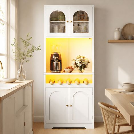 Credenza alta bianca 180 cm con LED RGB, ante in vetro, portabottiglie DESVIAE (1/5)