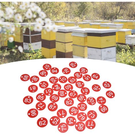 50 nummerierte Bienenstocketiketten mit Löchern für die Imkerei (rot 51-100). Nummeriert und perforiert. (1/5)