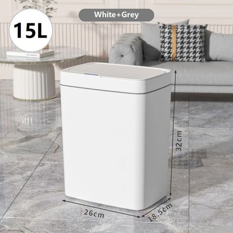 Poubelle intelligente (blanche, 15 L, à piles), capteur intelligent étroit sans contact
