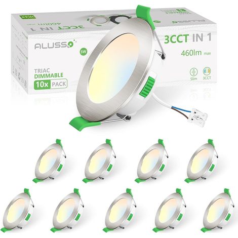 Spot LED Encastrable Extra Plat, 5W 440LM Dimmable IP44 LED Spot Etanche Salle de bain, 3CCT Blanc Chaud 3000K Blanc Neutre 4000K Blanc Froid 6500K, Trou Φ68-78mm, Lot de 10 (1/5)