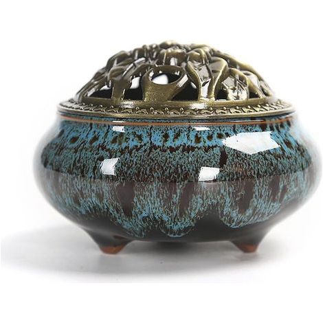 Bruciatore di incenso in ceramica con coperchio, aromaterapia per bastoncini o coni di incenso, posacenere a spirale, accessorio decorativo per la casa, idea regalo originale (blu zaffiro) (1/5)