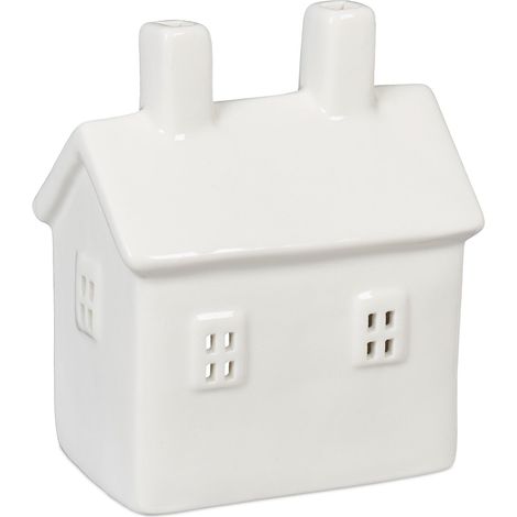 Relaxdays Casetta Portacandele in Ceramica, Casa Luminosa Porta-Tealight, per 1 Candelina, HLP: 12 x 10 x 6,5 cm, Bianco