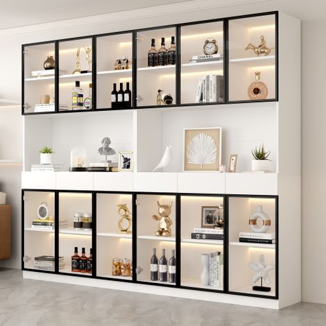 Vitrine haute, portes vitrées, éclairage led, blanc, cadre noir (1/5)