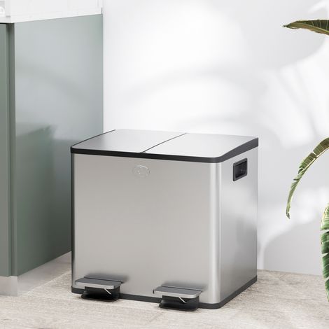 Küchenabfalleimer aus Edelstahl mit 2 Fächern (2 x 15 l), Pedal, Soft-Close-Deckeln und herausnehmbarem Eimer, Silber