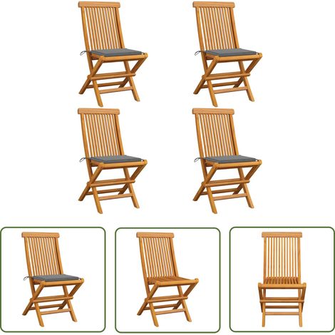 The Living Store Chaises de jardin et coussins gris lot de 4 Bois de teck massif - Chaise De Jardin Pliable - Chaise De Jardin En Bois - Chaise De Jardin Teck - Mobilier De Jardin - Fauteuil De Jardin (1/5)