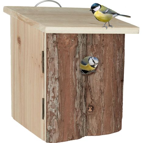 Relaxdays Bird House, Nesting Box, 28mm Entrance Hole, Mount on Tree or Wall, HWD: 26 x 16.5 x 16.5 cm, Wood, Natural