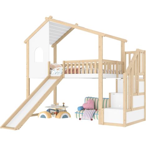 Lit mezzanine 90x200 cm - avec échelles de rangement - avec toboggan et barrières - bois+blanc (1/5)