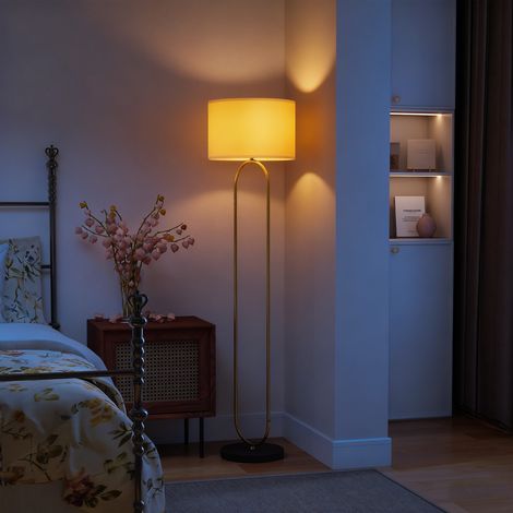 Lampadaire abat-jour lin douille E27 interrupteur pied salon chambre 156 cm doré noir (1/5)