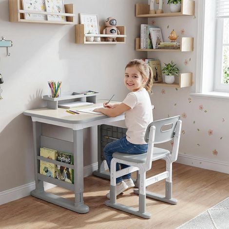 Ensemble bureau et chaise pour enfant,réglable en hauteur,tables et chaises d'apprentissage,table graffiti,étagère latérale et boîte de rangement- Gris (1/5)