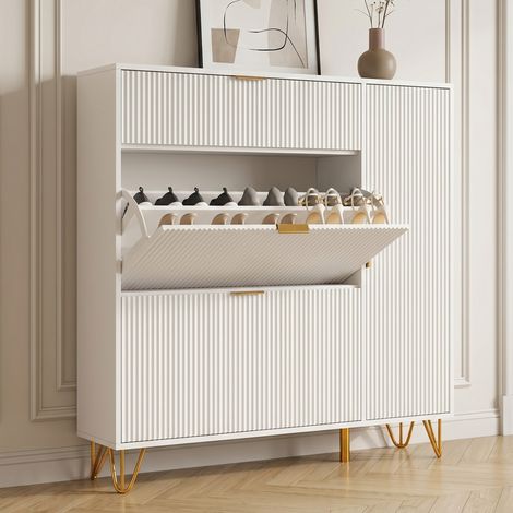 ADWOLT Meuble à Chaussures Blanc ,Armoire de Rangement pour Chaussures ,4 portes,20 Paires,Poignées et pieds dorés,110x24x111.5 cm (1/5)