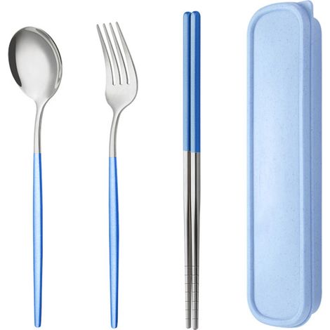 Couverts Portatifs - Cuillère Fourchette Baguettes - Ensemble 3 Pièces avec Étui de Transport - Pour Pique-Nique Camping Voyage (1/5)