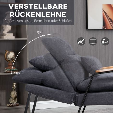 Fauteuil gris avec pouf et coussin fournis, dimensions 68x91,5x88 cm, ensemble assise avec repose-jambes.