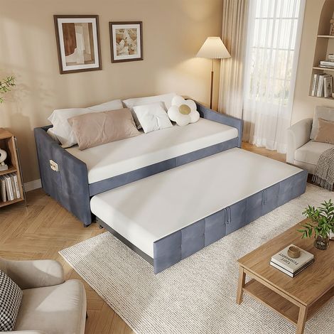 VASIEN –Lit gigogne 90/180x200cm,lit capitonné canapé-lit extensible avec sommiers à lattes,Canapé lit 2 Places 90/180 x 200,lit Canapé-lit Convertible,multifonctionnel style moderne,Velours - Gris