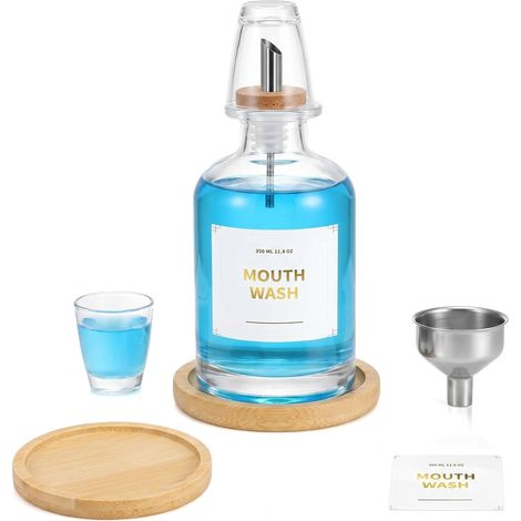Set Salle de Bain en Verre, Bouteille de Rince Bouche 350ml avec Gobelet, Entonnoir INOX et Plateau Bambou, Distributeur Lessive Réutilisable, Gadget Maison pour Bain de Bouche (1/5)