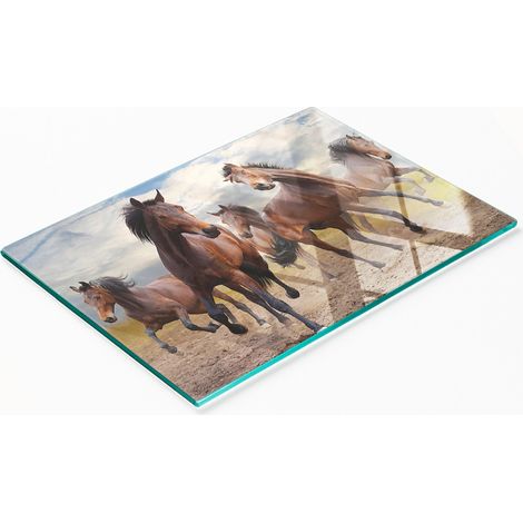 Planche à découper et à servir décorative en verre pour la cuisine, motif Cinq Chevaux, 80 x 52 cm (1/5)